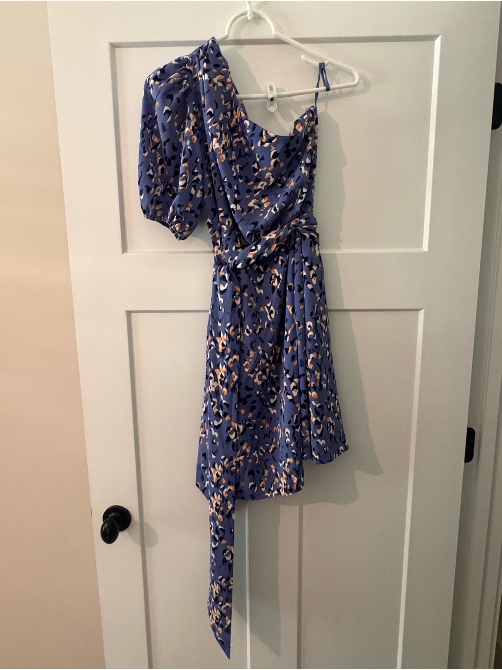 Nine West One-Shoulder Blue Floral-Print Asymmetric Dress with Tie Waist